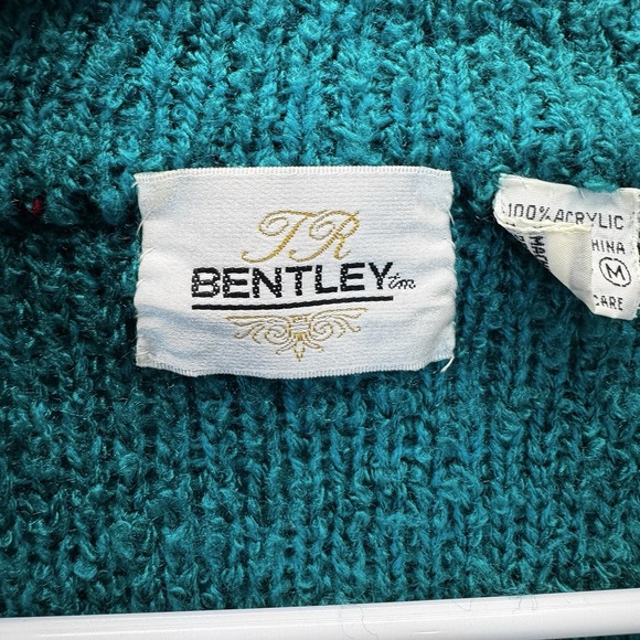Vintage Bentley Cardigan Womens Size Medium Green Knit Sweater Shoulder Pads - Picture 3 of 8